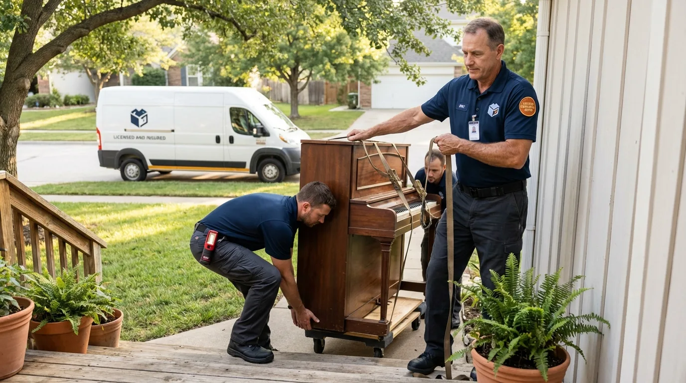 Licensed piano movers securing grand piano in Amery, WI
