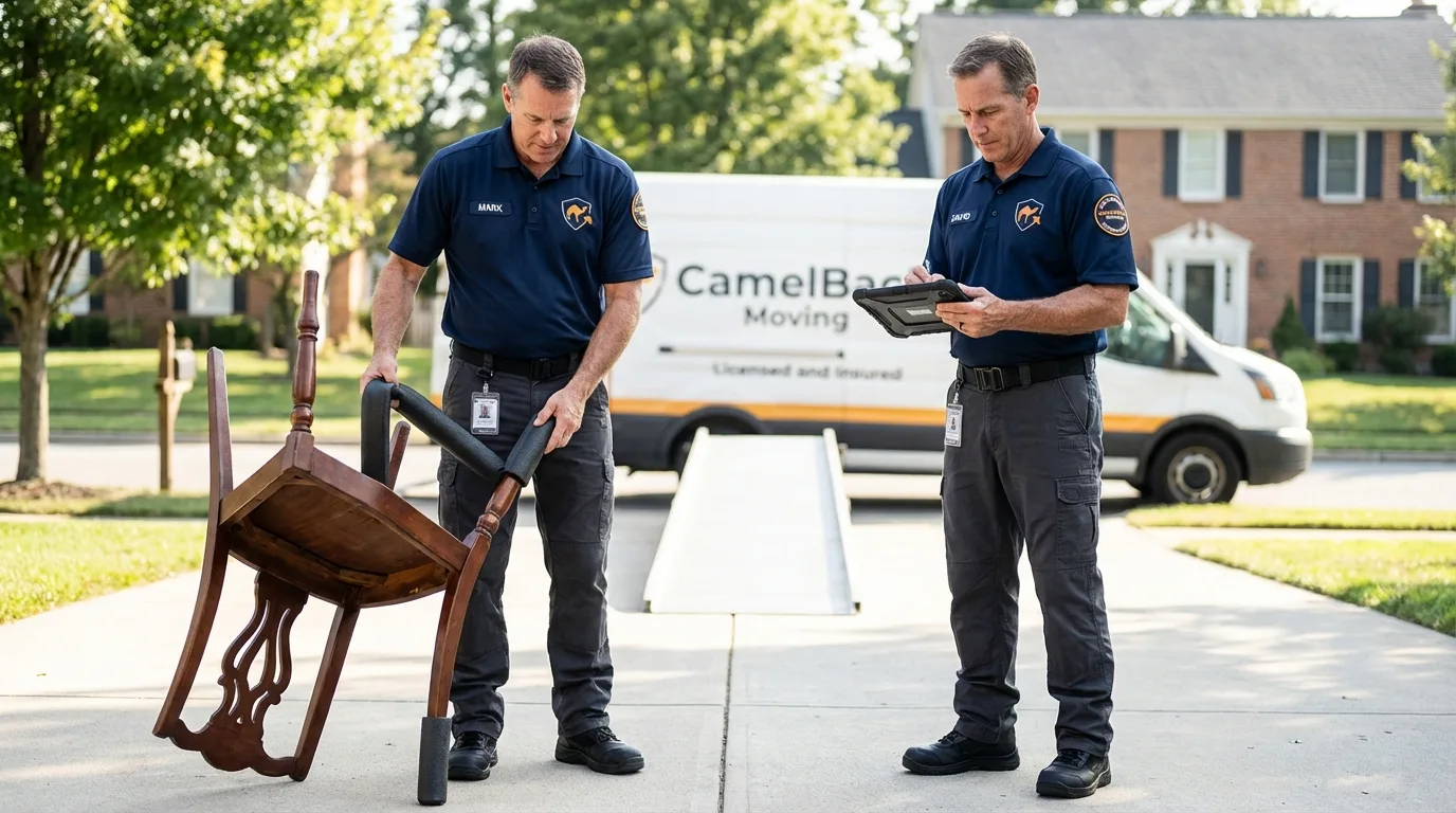 Movers inspecting furniture for damage prevention before loading in Amery, WI