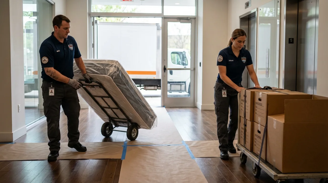 Professional apartment movers loading elevator in Amery, WI