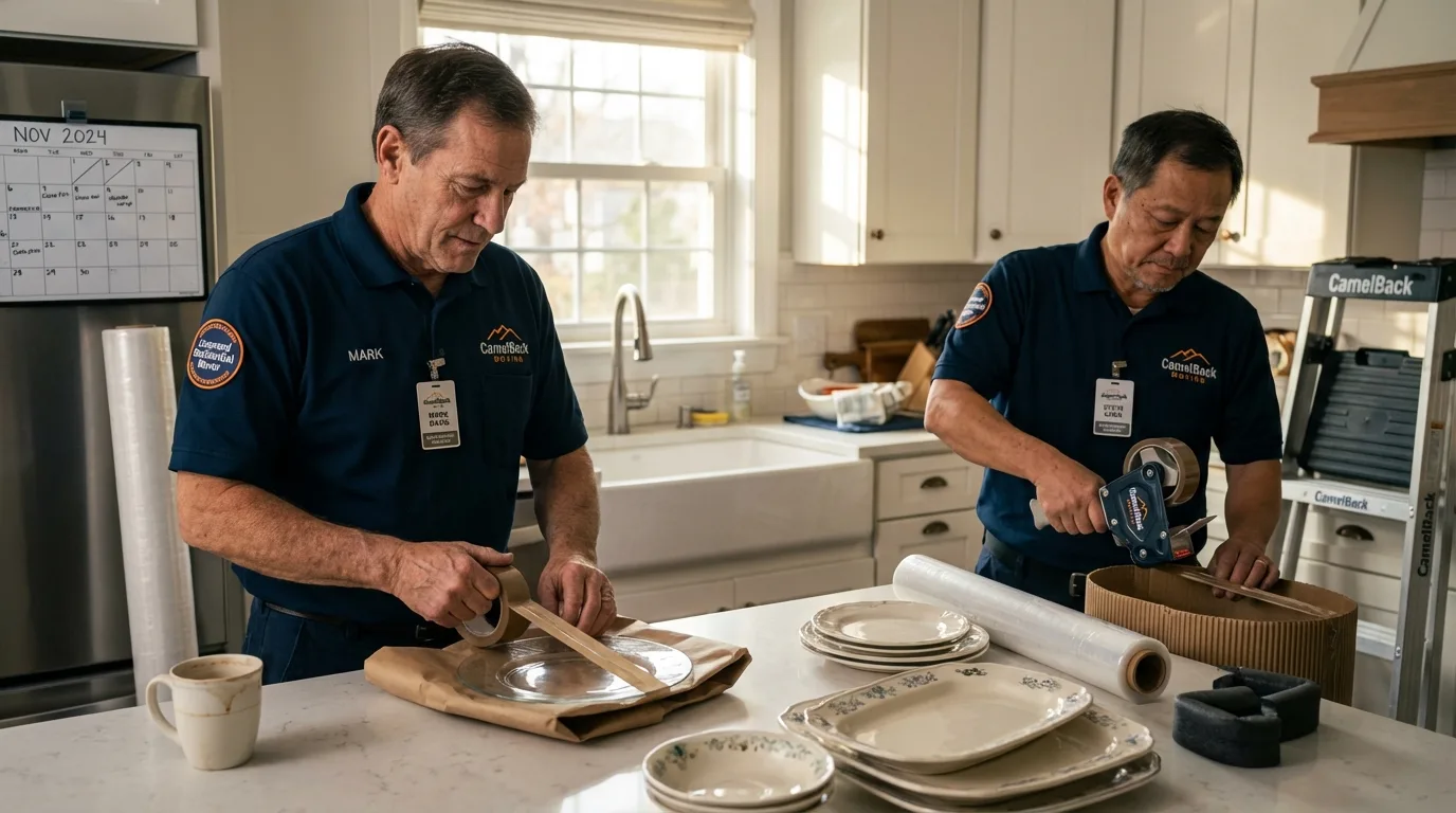 Professional crew packing kitchen dishware in Amery, WI